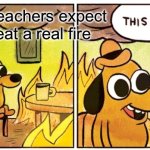 now get in a SINGE FILE LINE AND WALK | how the teachers expect us to treat a real fire | image tagged in memes,this is fine | made w/ Imgflip meme maker