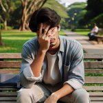 a guy sitting on a bench facepalming