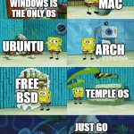 Spongebob diapers meme | MAC; WINDOWS IS THE ONLY OS; UBUNTU; ARCH; FREE BSD; TEMPLE OS; JUST GO OUTSIDE... | image tagged in spongebob diapers meme | made w/ Imgflip meme maker