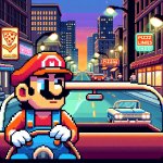 mario on a city driving a car