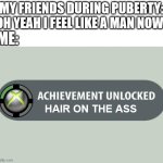 puberty | MY FRIENDS DURING PUBERTY: OH YEAH I FEEL LIKE A MAN NOW! ME:; HAIR ON THE ASS | image tagged in achievement unlocked,memes | made w/ Imgflip meme maker