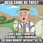 Pepperidge Farm Remembers | NEED SOME OF THIS? NAH, I DIDN'T THINK SO. BESIDES, I STILL REMEMBER THE BRUH MOMENT INCIDENT. SEE YA. | image tagged in memes,pepperidge farm remembers | made w/ Imgflip meme maker