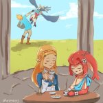 Link and Revali fighting, while Zelda and Mipha chilling