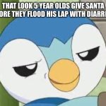 True | THAT LOOK 5 YEAR OLDS GIVE SANTA BEFORE THEY FLOOD HIS LAP WITH DIARRHEA: | image tagged in piplup,fun,memes,funny | made w/ Imgflip meme maker