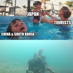 Asian Tourism | JAPAN; TOURISTS; CHINA & SOUTH KOREA; NORTH KOREA | image tagged in swimming pool kids,japan,china,south korea,north korea,tourism | made w/ Imgflip meme maker