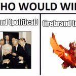 Who Would Win? Meme | firebrand (political); firebrand (roblox) | image tagged in memes,who would win,funny,politics,roblox,firebrand | made w/ Imgflip meme maker