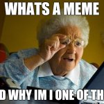 When grandma find herself in the memes | WHATS A MEME; AND WHY IM I ONE OF THEM | image tagged in memes,grandma finds the internet | made w/ Imgflip meme maker