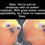 Loophole? | Boss: You're just an employee with no power!
Employee: With great power comes great responsibility, so I have no responsibilities.
Boss: | image tagged in listen here you little shit bird,funny,memes | made w/ Imgflip meme maker