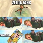 The bus is about to fall on poor Link | ZELDA FANS; COCOMELON | image tagged in link falling,fun,funny memes,cocomelon | made w/ Imgflip meme maker