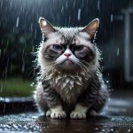 Grumpy cat in the rain