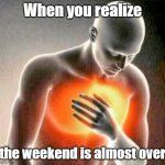 oh no.. | When you realize; the weekend is almost over | image tagged in heartache,funny,memes,relatable,out of ideas,why are you reading this | made w/ Imgflip meme maker