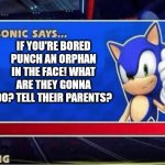 Sonic Says | IF YOU'RE BORED PUNCH AN ORPHAN IN THE FACE! WHAT ARE THEY GONNA DO? TELL THEIR PARENTS? | image tagged in sonic says | made w/ Imgflip meme maker