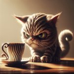 A grumpy cat staring at a cup