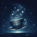 A cup flowing in the sky with some little stars sparkling