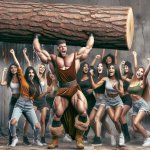 strongman lifts a tree as young women cheer