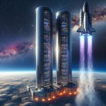 rocket flies towards two space office towers