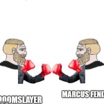 marcus fenix vs doomslayer = chad vs chad fight | MARCUS FENIX; DOOMSLAYER | image tagged in chad vs chad,gears of war,doom | made w/ Imgflip meme maker