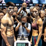 male and female boxer at weigh-in with media members