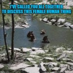 Bear Meeting | I'VE CALLED YOU ALL TOGETHER TO DISCUSS THIS FEMALE HUMAN THING | image tagged in bear meeting | made w/ Imgflip meme maker