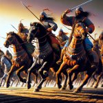 mongols in 1200-1450 riding horses going to war