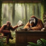 two orangutans handing one paper document folder to one boss ora