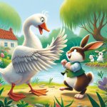 a goose and a rabbit fighting