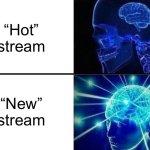 give them a good start | “Hot” stream; “New” stream | image tagged in expanding brain two frames | made w/ Imgflip meme maker