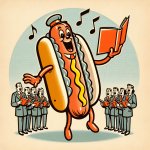 a hot dog singing in a choir