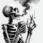 skeleton drinks coffee and smoking