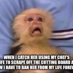 Cutting board | WHEN I CATCH HER USING MY CHEF'S KNIFE TO SCRAPE OFF THE CUTTING BOARD AND NOW I HAVE TO BAN HER FROM MY LIFE FOREVER. | image tagged in frightened monkey | made w/ Imgflip meme maker