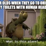 What is this place | 9 YEAR OLDS WHEN THEY GO TO OHIO AND DONT SEE ANY TOILETS WITH HUMAN HEAD AND NECKS: | image tagged in what is this place,memes,funny,gen alpha,ohio,oh wow are you actually reading these tags | made w/ Imgflip meme maker