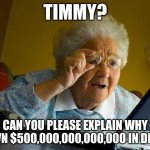 and this is why you don´t let your kids use your computer | TIMMY? CAN YOU PLEASE EXPLAIN WHY I OWN $500,000,000,000,000 IN DEBT? | image tagged in memes,grandma finds the internet | made w/ Imgflip meme maker