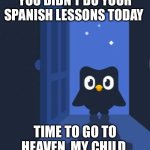 Duolingo bird | YOU DIDN’T DO YOUR SPANISH LESSONS TODAY; TIME TO GO TO HEAVEN, MY CHILD | image tagged in duolingo bird | made w/ Imgflip meme maker