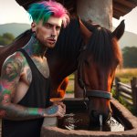 tattoed young man with horse watering at a trough