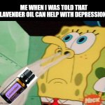 Wonderful purple flower juice | ME WHEN I WAS TOLD THAT LAVENDER OIL CAN HELP WITH DEPRESSION: | image tagged in big sniff | made w/ Imgflip meme maker