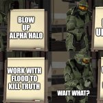 The plan ? | BLOW UP FLOOD; BLOW UP ALPHA HALO; WORK WITH FLOOD TO KILL TRUTH; WORK WITH FLOOD TO KILL TRUTH; WAIT WHAT? | image tagged in master chief's plan- despicable me halo,halo,flood,covenant | made w/ Imgflip meme maker
