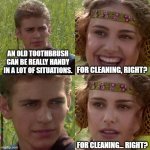 Old Toothbrush | AN OLD TOOTHBRUSH CAN BE REALLY HANDY IN A LOT OF SITUATIONS. FOR CLEANING, RIGHT? FOR CLEANING... RIGHT? | image tagged in anakin padme 4 panel | made w/ Imgflip meme maker