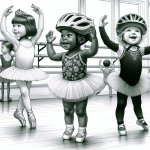 Little toddler girls learning ballet wearing bike helmets in a b