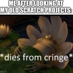 Those things are CRINGE. | ME AFTER LOOKING AT MY OLD SCRATCH PROJECTS: | image tagged in dies from cringe,scratch,cringe | made w/ Imgflip meme maker