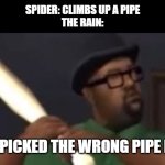 The insy winsy spider | SPIDER: CLIMBS UP A PIPE
THE RAIN:; YOU PICKED THE WRONG PIPE FOOL | image tagged in you picked the wrong house fool,spider | made w/ Imgflip meme maker