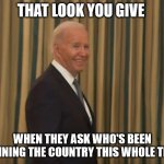 Joe Biden Smiling | THAT LOOK YOU GIVE; WHEN THEY ASK WHO'S BEEN RUNNING THE COUNTRY THIS WHOLE TIME. | image tagged in joe biden smiling | made w/ Imgflip meme maker