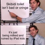 Jim Halpert Pointing to Whiteboard | Skibidi toilet isn’t bad or cringe; It’s just being milked and ruined by iPad kids | image tagged in jim halpert pointing to whiteboard,skibidi toilet,facts | made w/ Imgflip meme maker