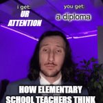 meme | UR ATTENTION; a diploma; HOW ELEMENTARY SCHOOL TEACHERS THINK THEIR TRADE OFFER IS LIKE: | image tagged in gifs,trade offer | made w/ Imgflip video-to-gif maker