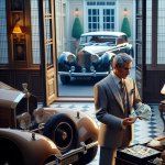 Rich old person in mansion with luxury car receiving bundle of c