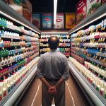 man standing in front of milk shelve