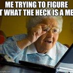 whats a meme? | ME TRYING TO FIGURE OUT WHAT THE HECK IS A MEME | image tagged in memes,grandma finds the internet | made w/ Imgflip meme maker