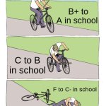 grades be like | B+ to A in school; C to B in school; F to C- in school | image tagged in memes,bike fall,so true memes | made w/ Imgflip meme maker