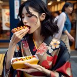 a Japanesse wiman eating a hotdog