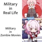 Is there any Zombie Movies, where the Military are at least smart and strong? | Military in Real Life; Military in Zombie Movies | image tagged in memes,military,zombie | made w/ Imgflip meme maker