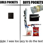 Like how bro | Note: I was too lazy to do the text | image tagged in girls vs boys pockets,memes,girls vs boys | made w/ Imgflip meme maker